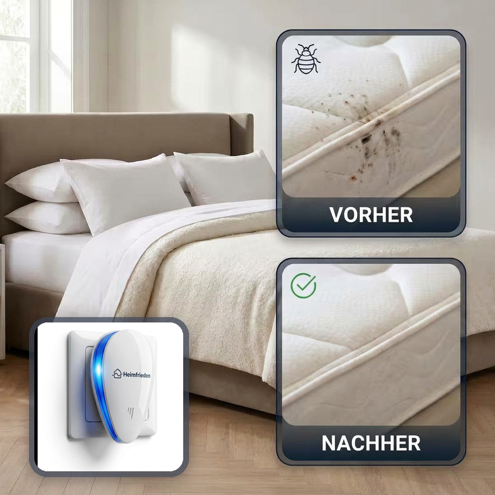 Vorher und nachher: Matratze mit Bettwanzen-Spuren und saubere Matratze, daneben Heimfrieden in der Steckdose