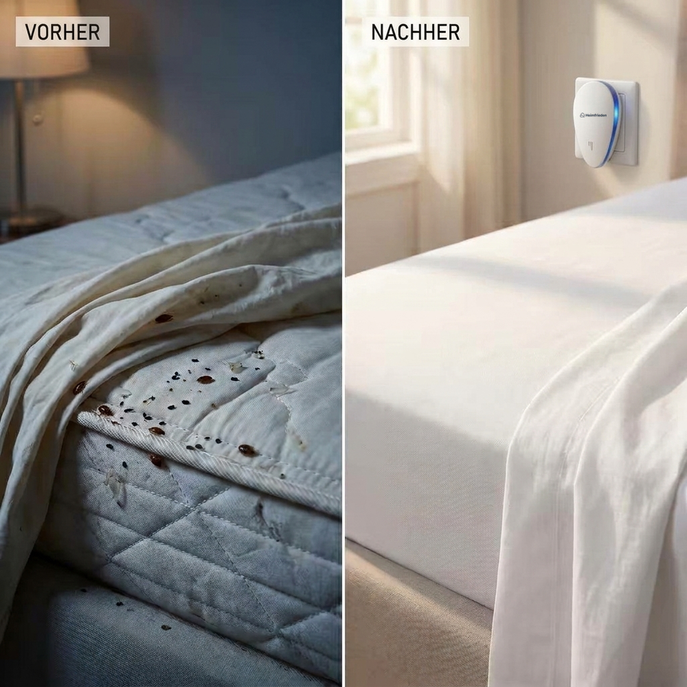 Vorher und nachher im Schlafzimmer: befallene Matratze und sauberes Bett mit Heimfrieden in der Steckdose