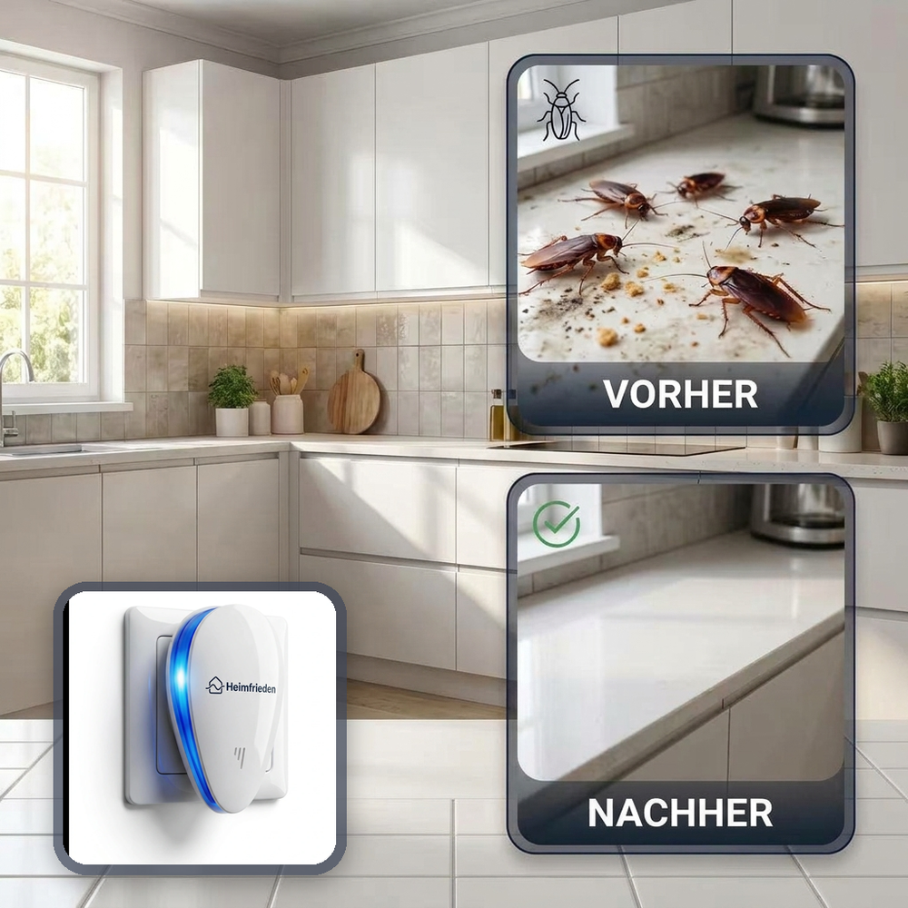 Vorher und nachher: Arbeitsplatte mit Kakerlaken und saubere Arbeitsplatte, daneben Heimfrieden in der Steckdose