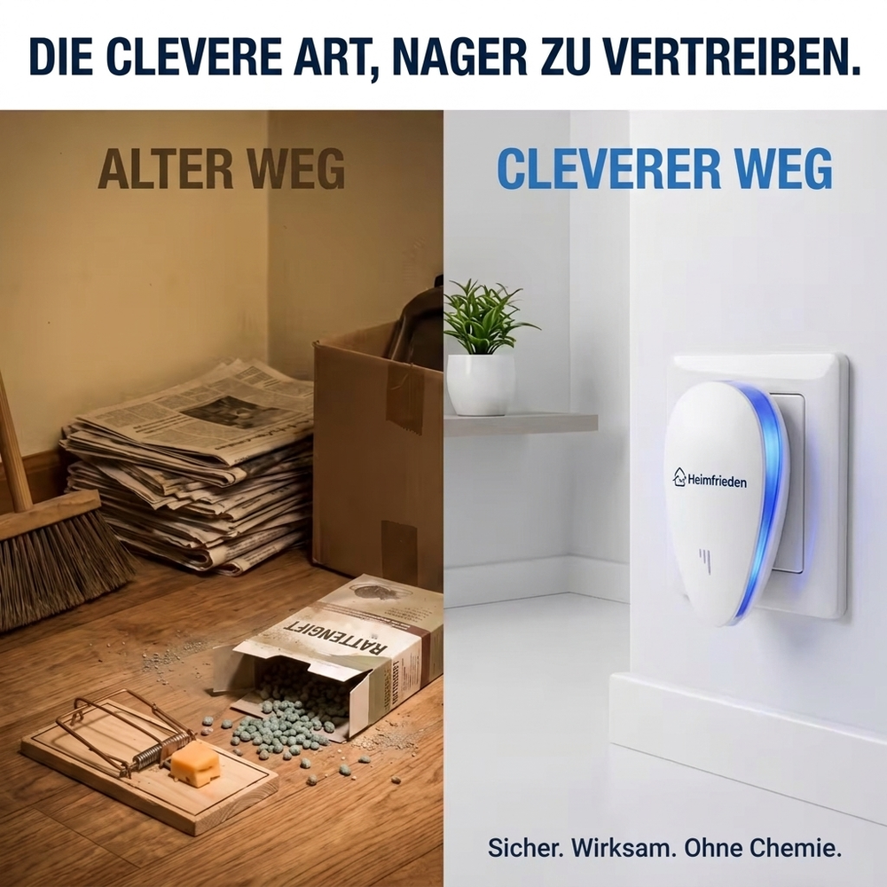Die clevere Art, Nager zu vertreiben: links Mausefalle und Rattengift, rechts Heimfrieden in der Steckdose